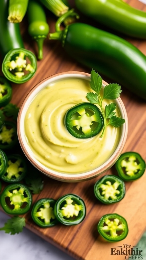 A bowl of jalapeño mayo with fresh jalapeños and cilantro, ideal for sandwiches and fries.